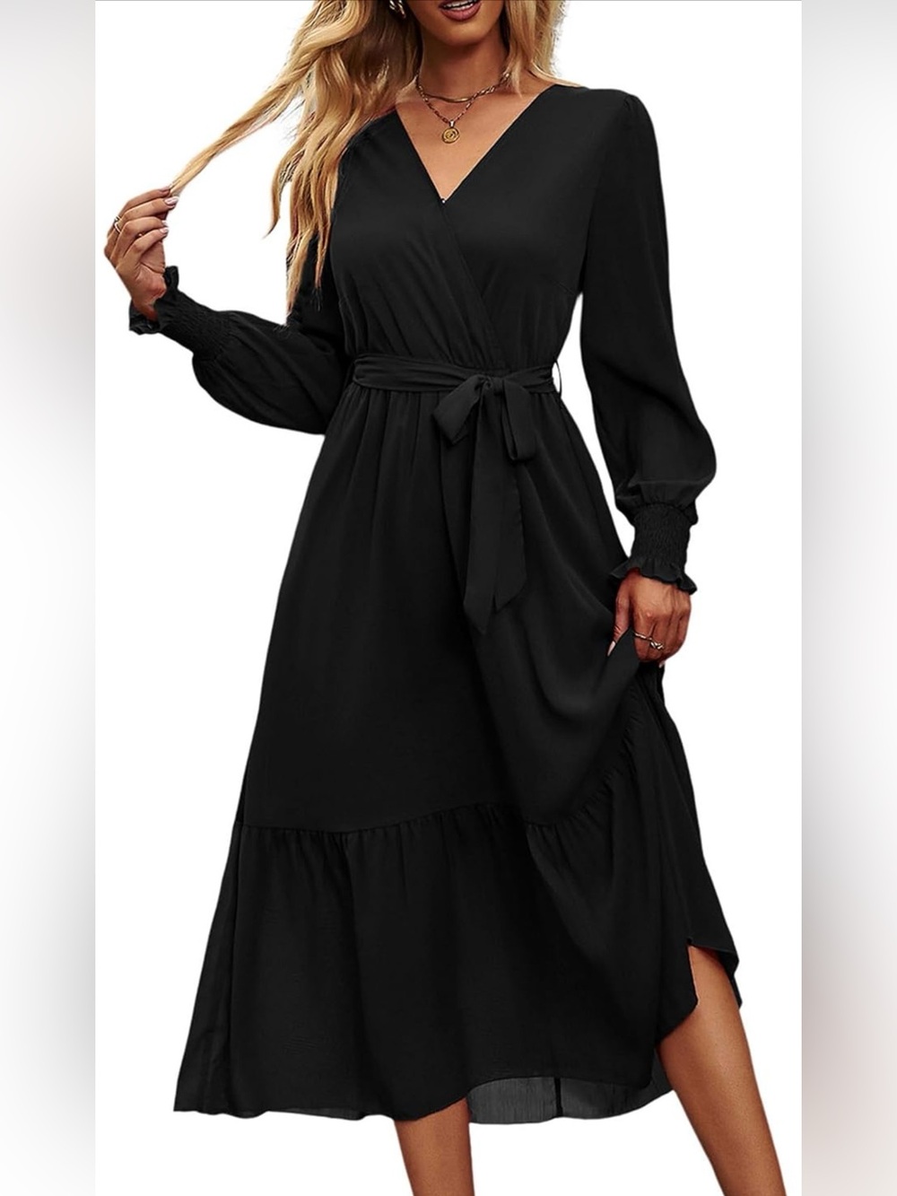 PRETTYGARDEN Women's Long Sleeve Wrap V Neck Ruffle Belted Dress